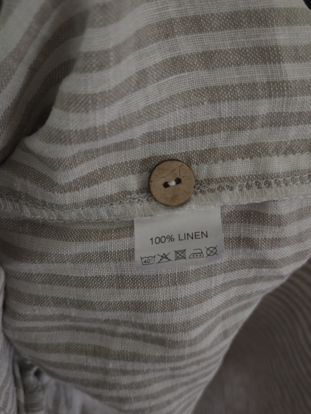 100% Linen Striped Button-Front in Beige and White Midi Dress